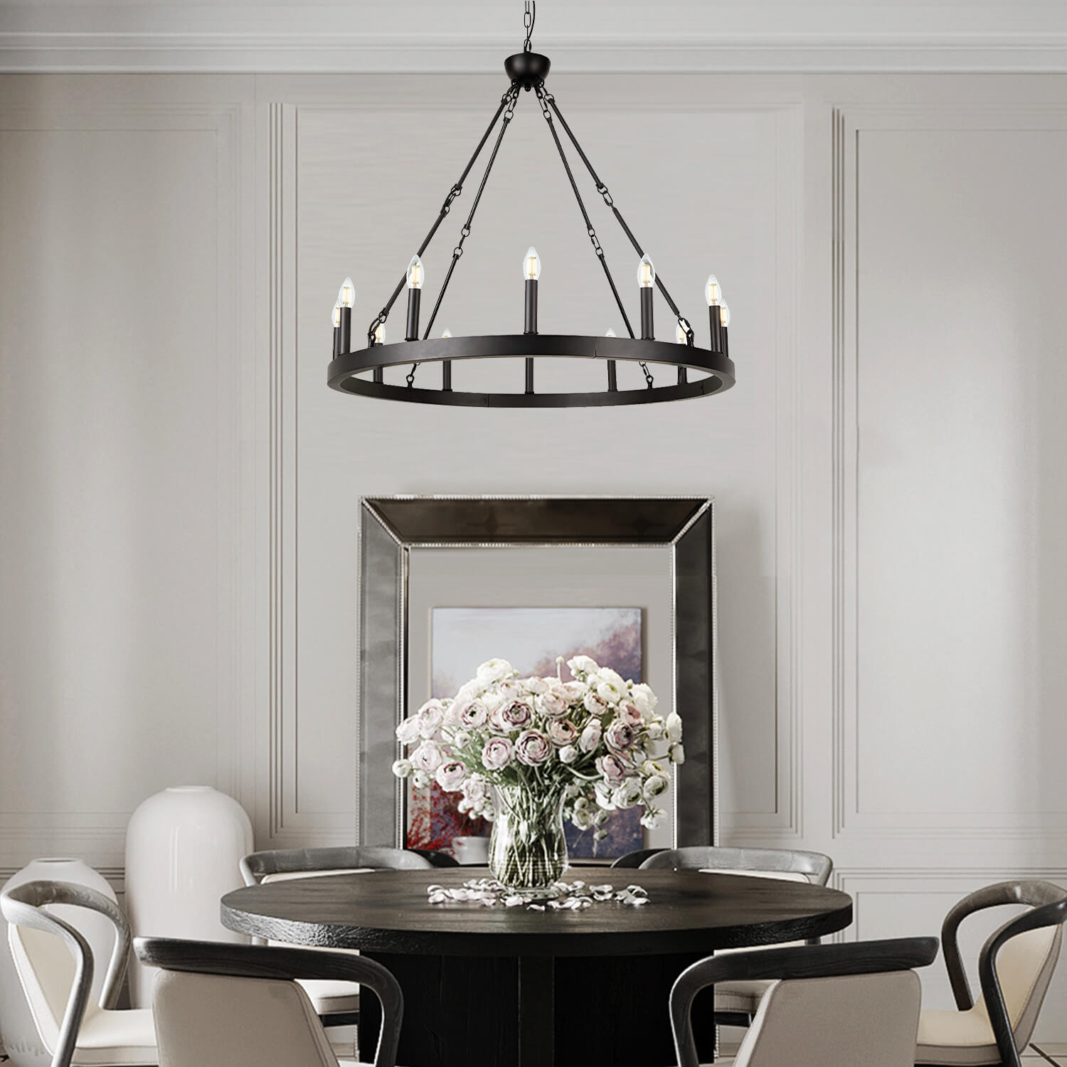 12 Lights Wagon Wheel Chandelier Black Round Globe Wrought Iron Pendant Lights-diningroom-1 | Feyran