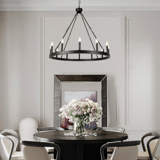 12 Lights Wagon Wheel Chandelier Black Round Globe Wrought Iron Pendant Lights-diningroom-1 | Feyran