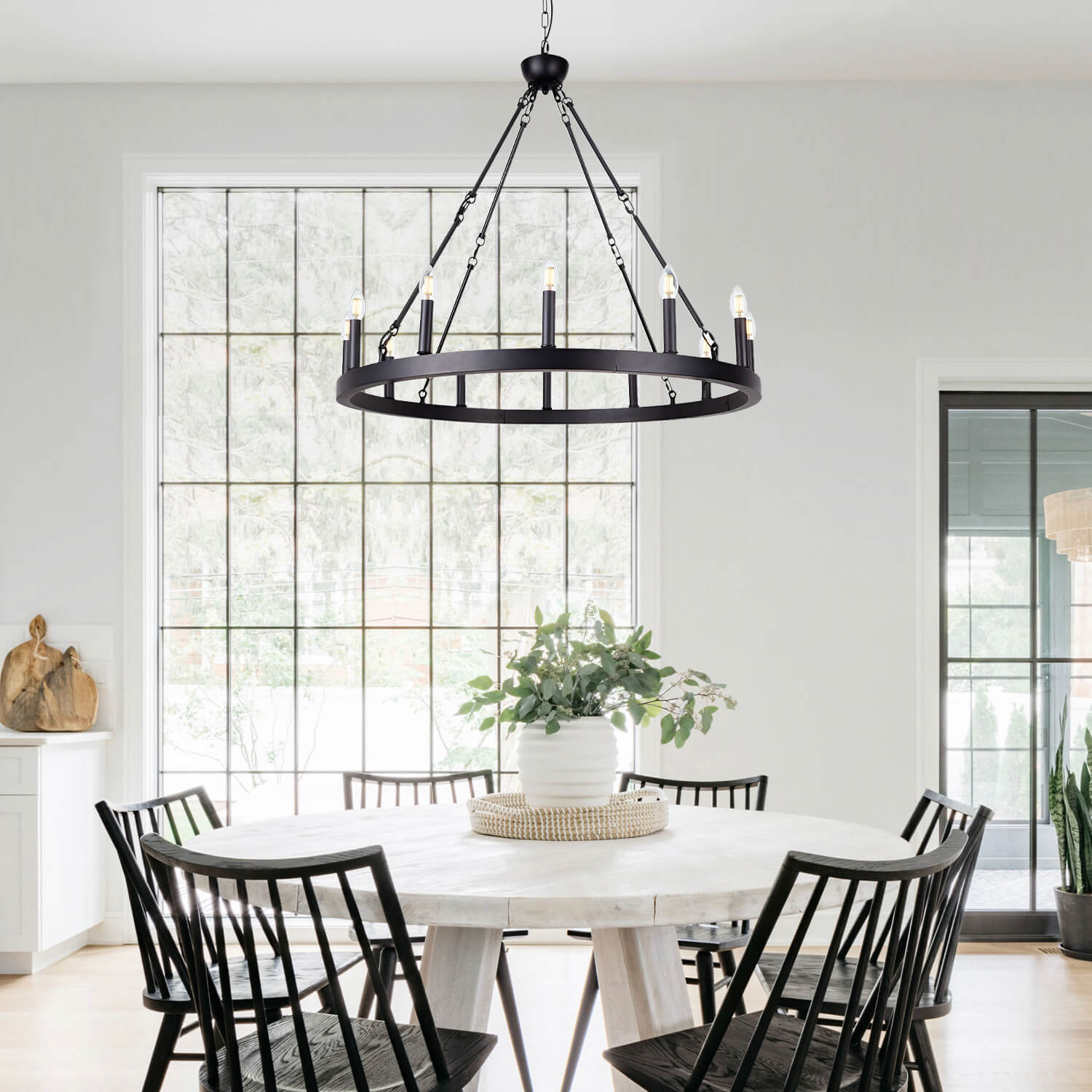 12 Lights Wagon Wheel Chandelier Black Round Globe Wrought Iron Pendant Lights-diningroom-2 | Feyran