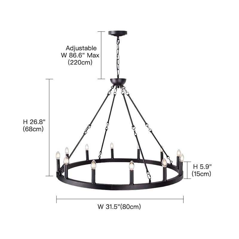 12 Lights Wagon Wheel Chandelier Black Round Globe Wrought Iron Pendant Lights-size | Feyran