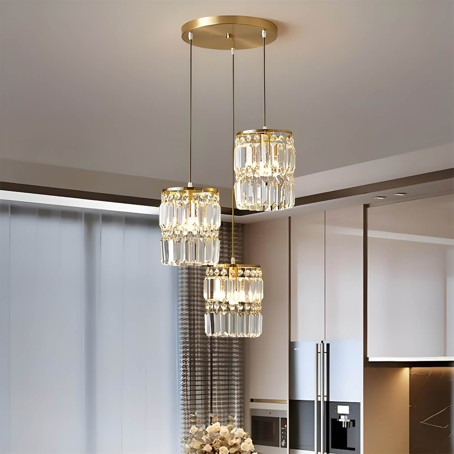3-Light Gold Crystal Chandelier - Linear Pendant Light-2|Feyran