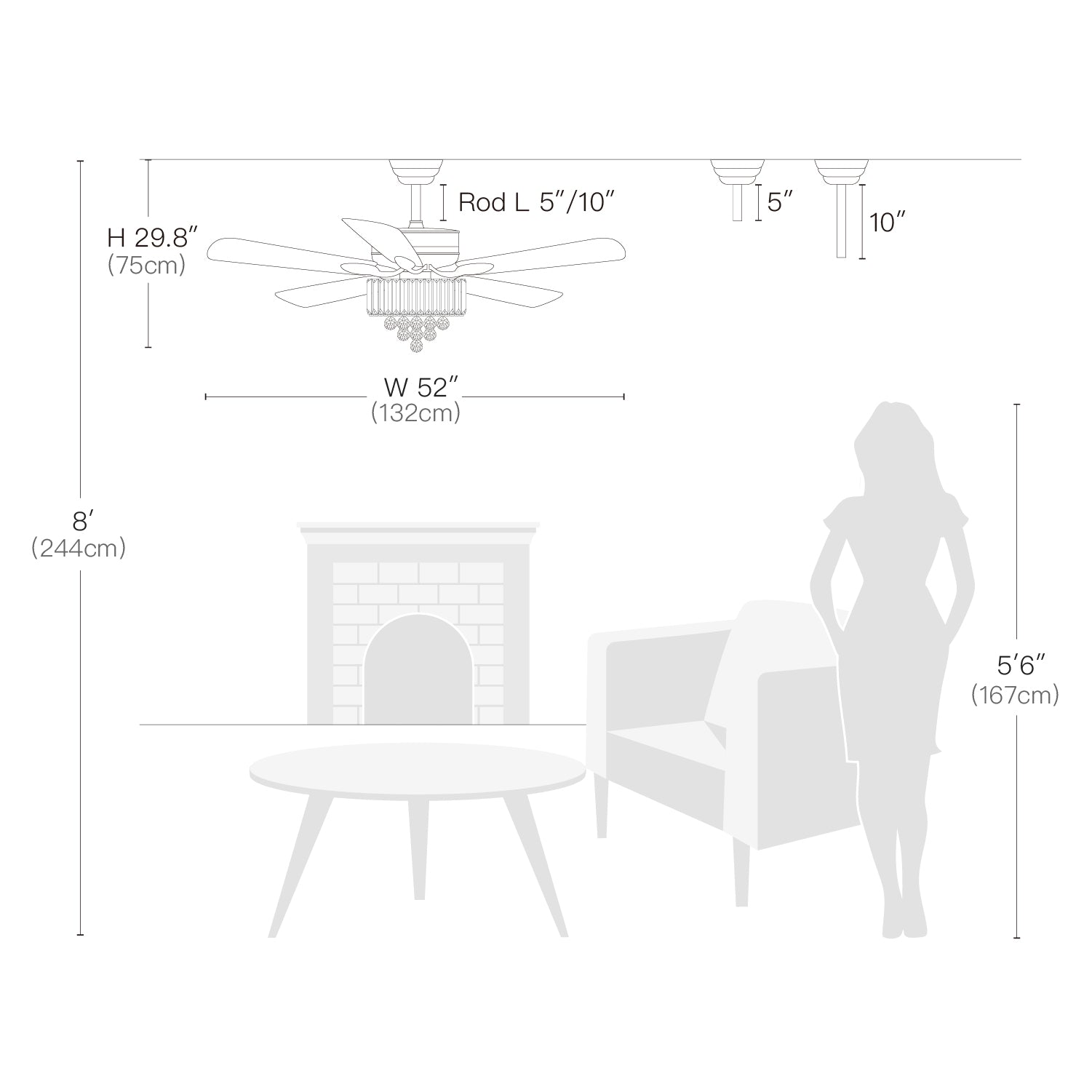 5 - Black Blade Clear Crystal Ceiling Fan with Remote Control--Size |Feyran