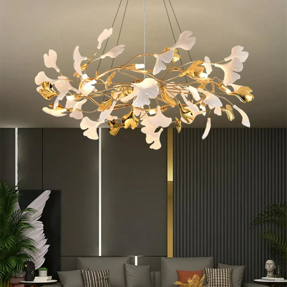 8-Light Art Deco Ginkgo Leaves Chandelier White & Gold Metal Ceiling Light Scene Graph- Feyran Light