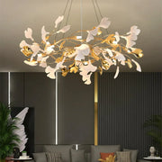 8-Light Art Deco Ginkgo Leaves Chandelier White & Gold Metal Ceiling Light Scene Graph- Feyran Light