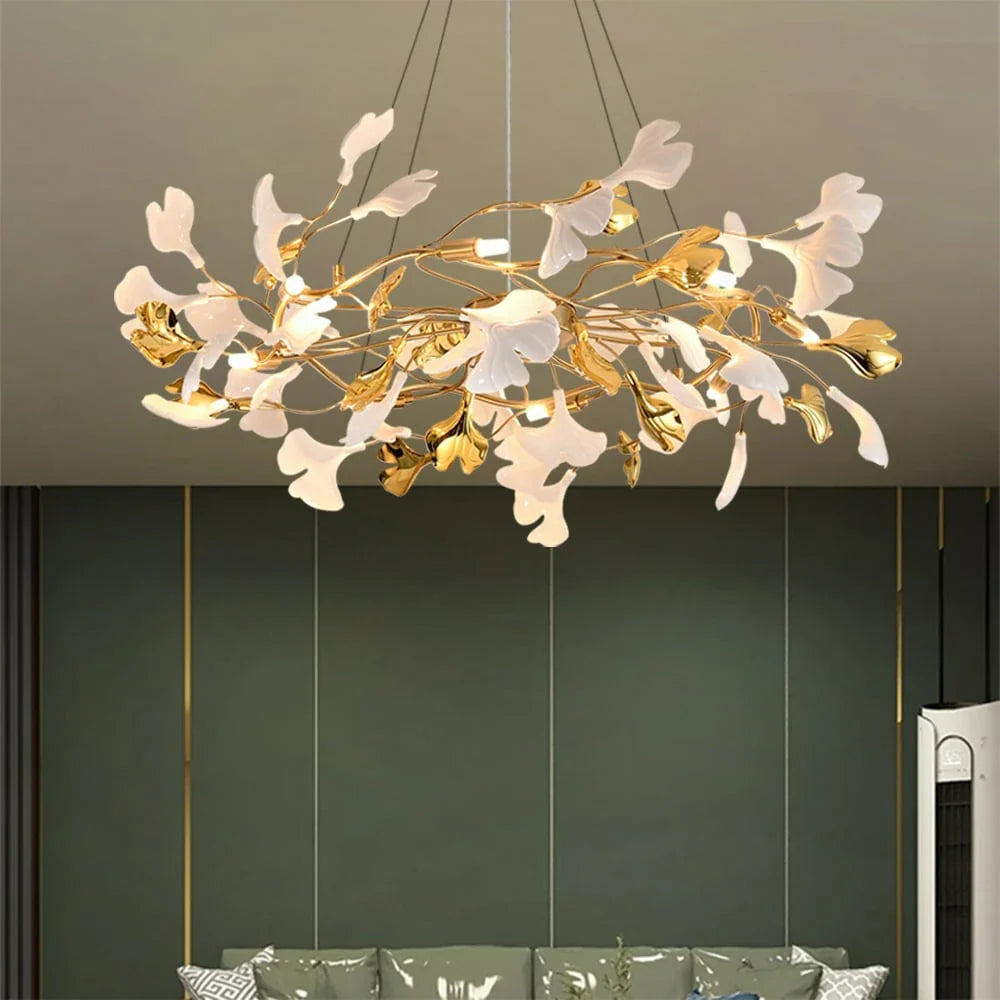 8-Light Art Deco Ginkgo Leaves Chandelier White & Gold Metal Ceiling Light Scene Graph- Feyran Light