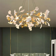 8-Light Art Deco Ginkgo Leaves Chandelier White & Gold Metal Ceiling Light Scene Graph- Feyran Light