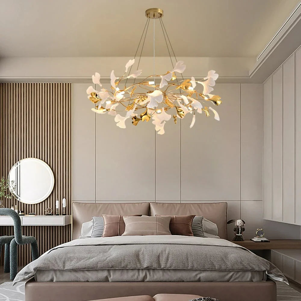 8-Light Art Deco Ginkgo Leaves Chandelier White & Gold Metal Ceiling Light Scene Graph- Feyran Light