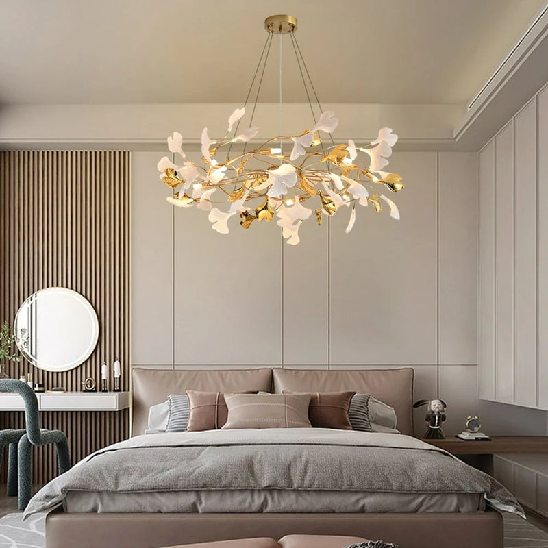 8-Light Art Deco Ginkgo Leaves Chandelier White & Gold Metal Ceiling Light Scene Graph- Feyran Light