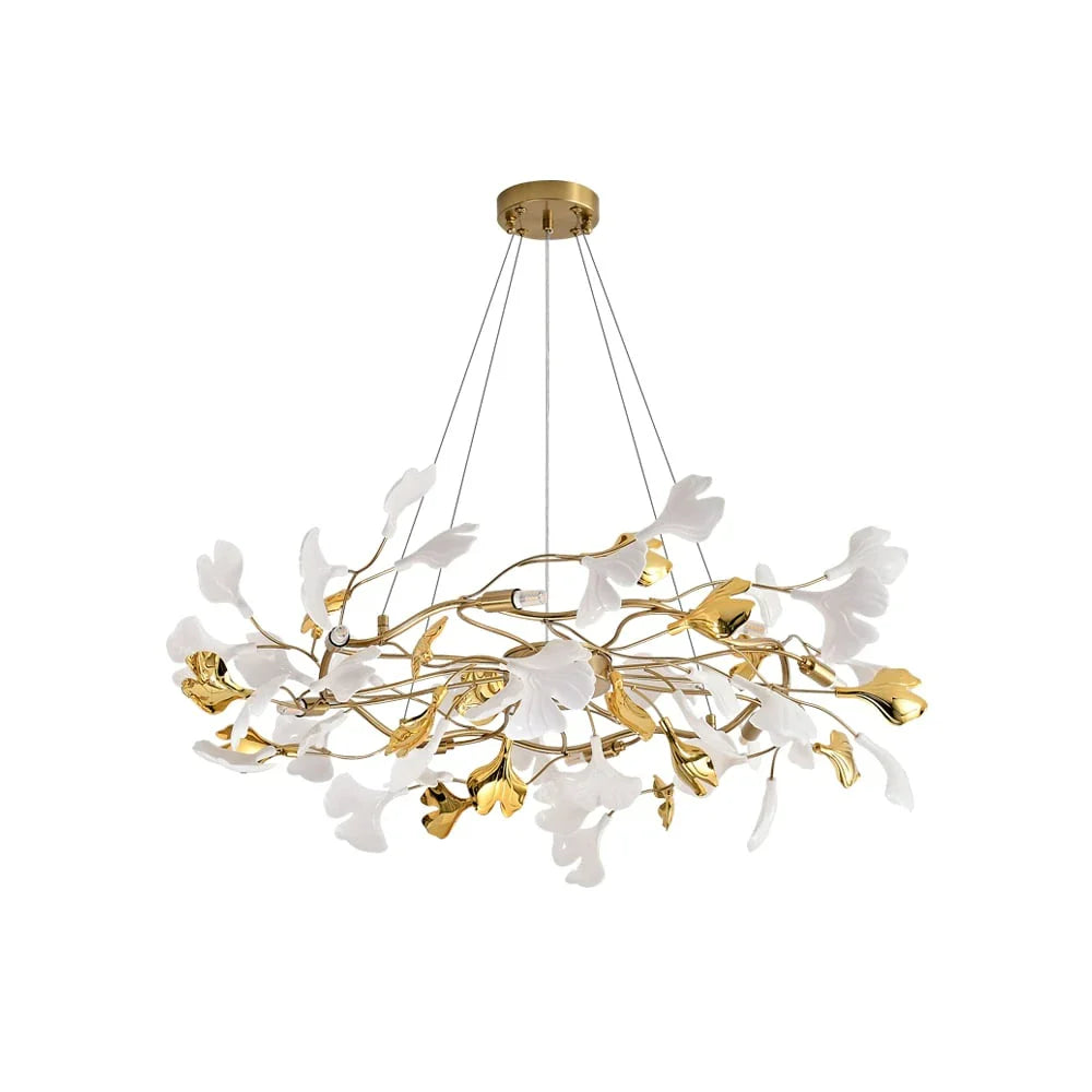 8-Light Art Deco Ginkgo Leaves Chandelier White & Gold Metal Ceiling Light- Feyran Light