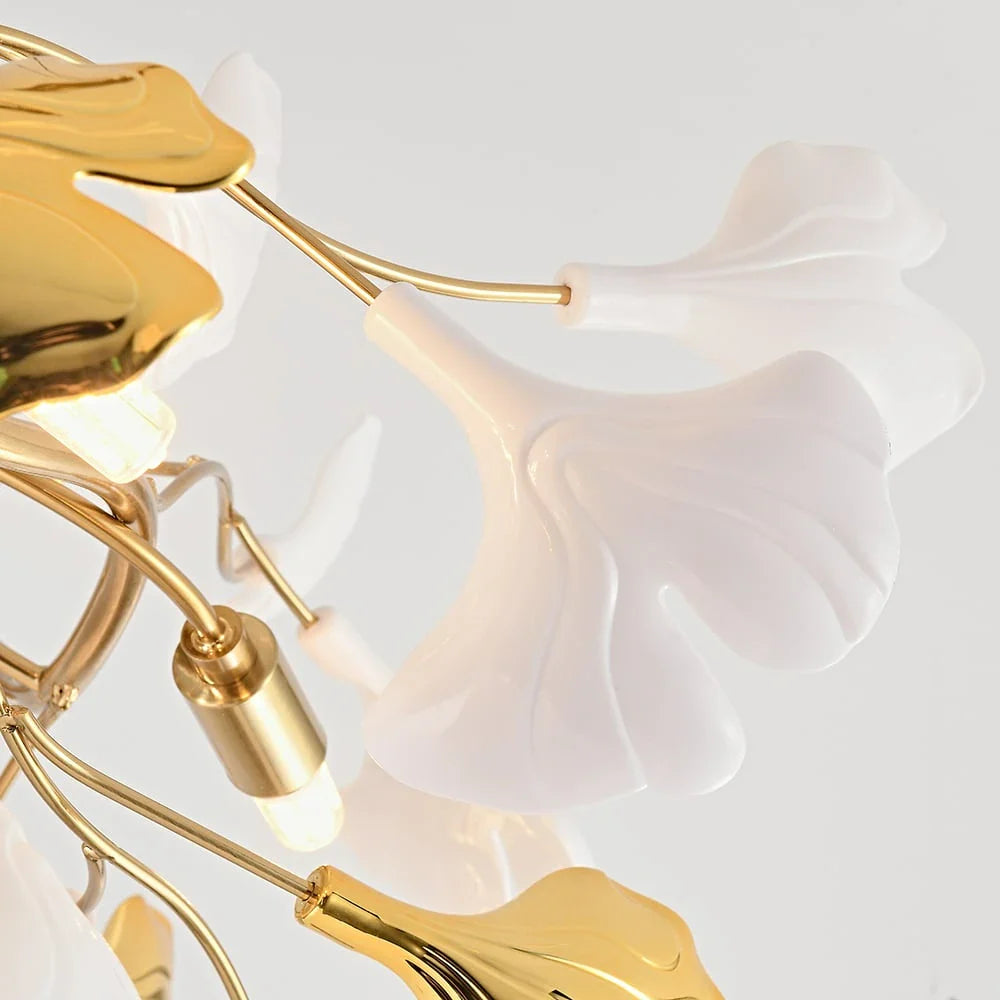 8-Light Art Deco Ginkgo Leaves Chandelier White & Gold Metal Ceiling Light Detail- Feyran Light