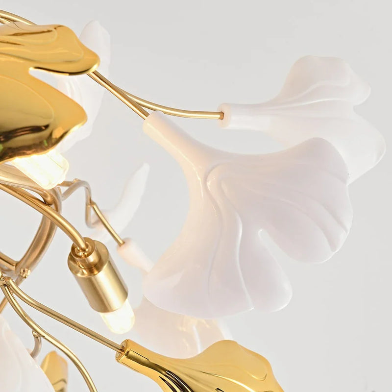 8-Light Art Deco Ginkgo Leaves Chandelier White & Gold Metal Ceiling Light Detail- Feyran Light