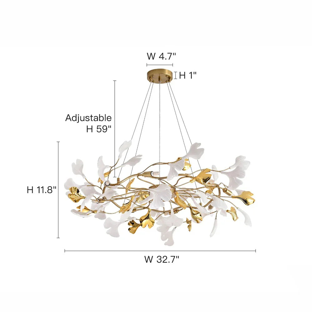 8-Light Art Deco Ginkgo Leaves Chandelier White & Gold Metal Ceiling Light Size- Feyran Light