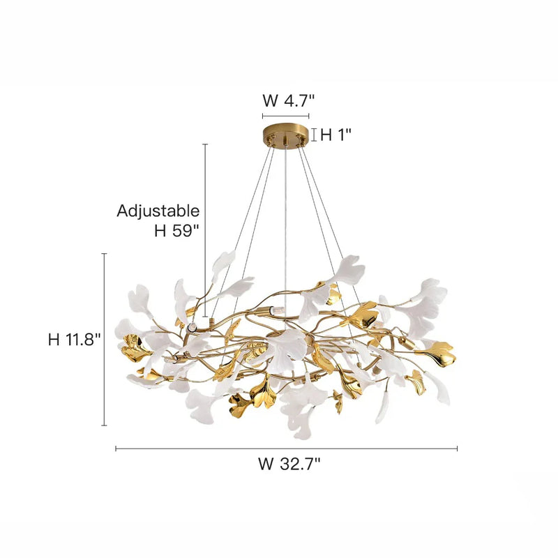 8-Light Art Deco Ginkgo Leaves Chandelier White & Gold Metal Ceiling Light Size- Feyran Light