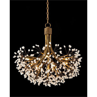 Stone Quartz Nine-Light Chandelier, Gold Leaf Finish with Natural Crystals, G9 Bulbs - Feyran