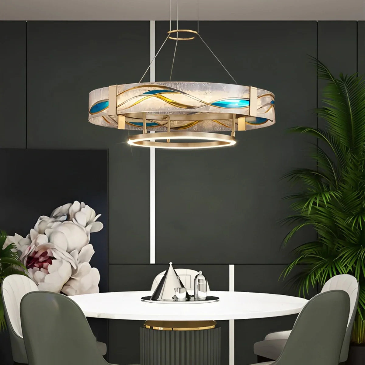 Feyran Enamel Round Brass Chandelier for Dining Area