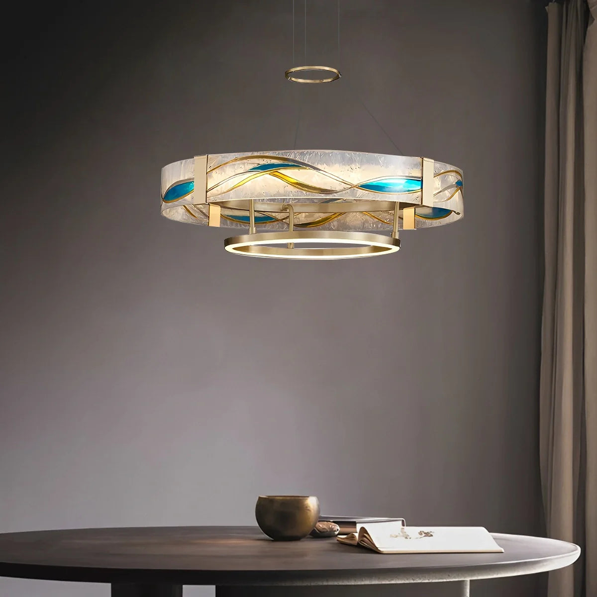 Feyran Enamel Round Brass Chandelier for Dining Area