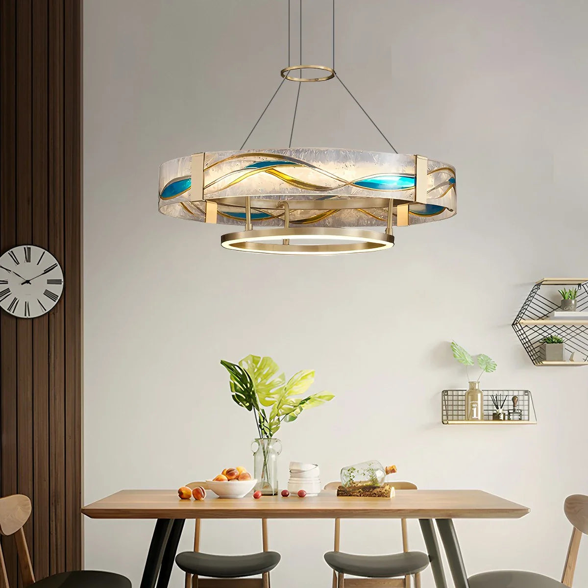 Feyran Enamel Round Brass Chandelier for Dining Area