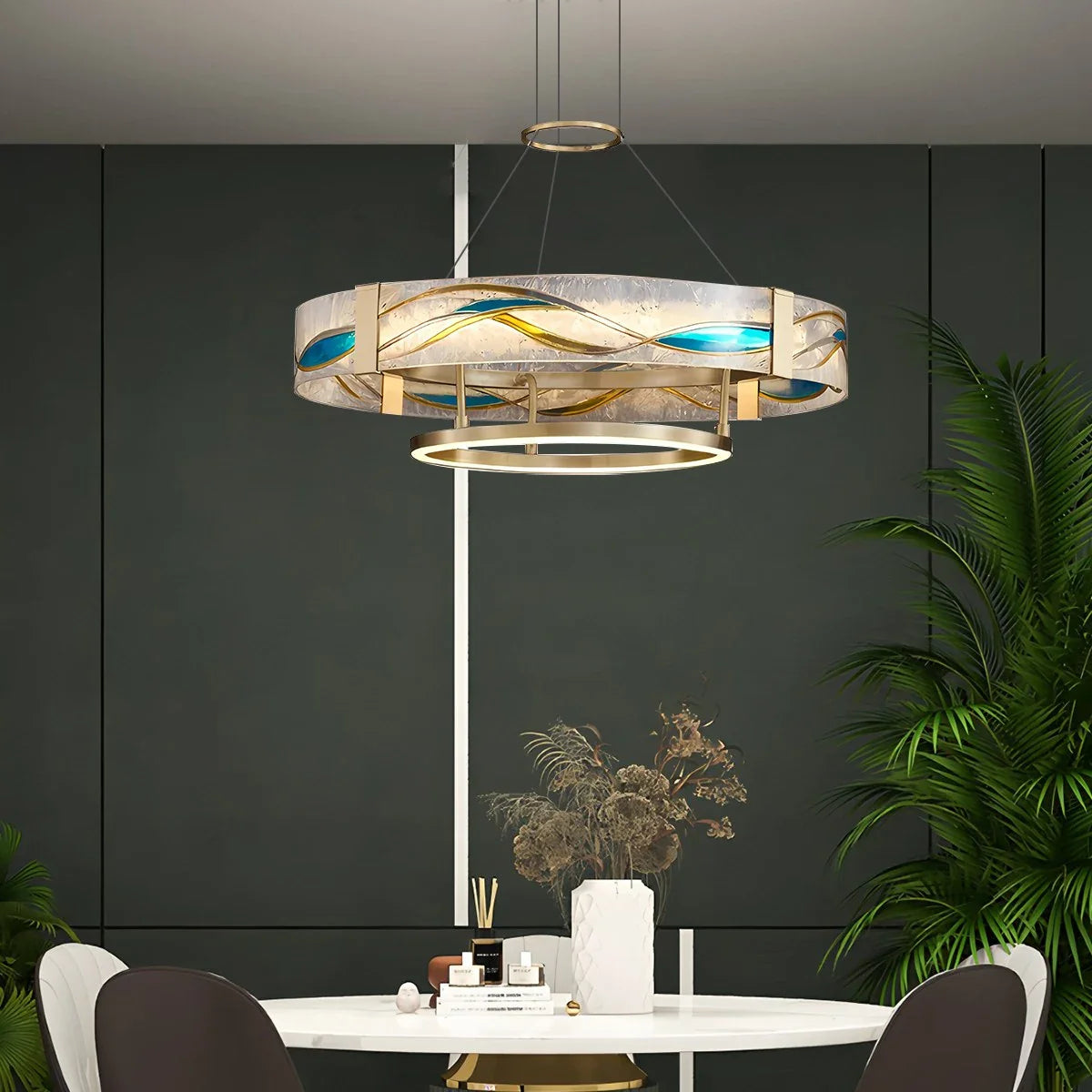 Feyran Enamel Round Brass Chandelier for Dining Area