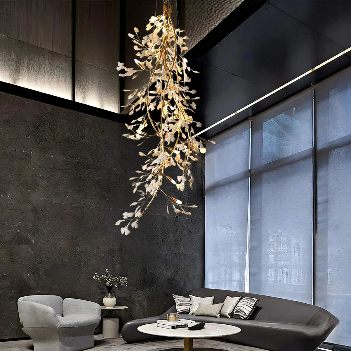 Feyran Ginkgo Long Branch Chandelier for High Ceiling