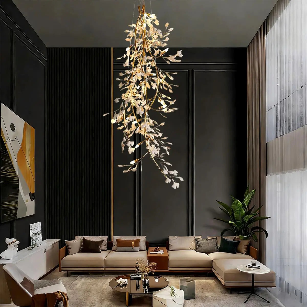 Feyran Ginkgo Long Branch Chandelier for High Ceiling