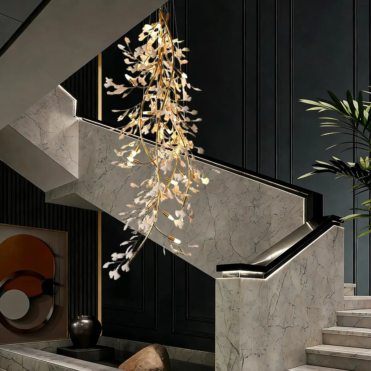 Feyran Ginkgo Long Branch Chandelier for High Ceiling