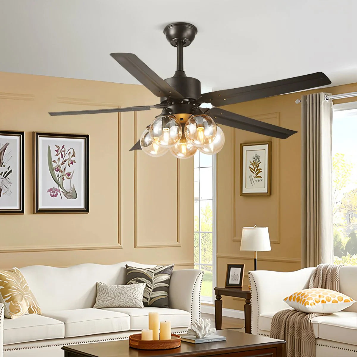 Feyran American Retro Glass Globe Ceiling Fan Light