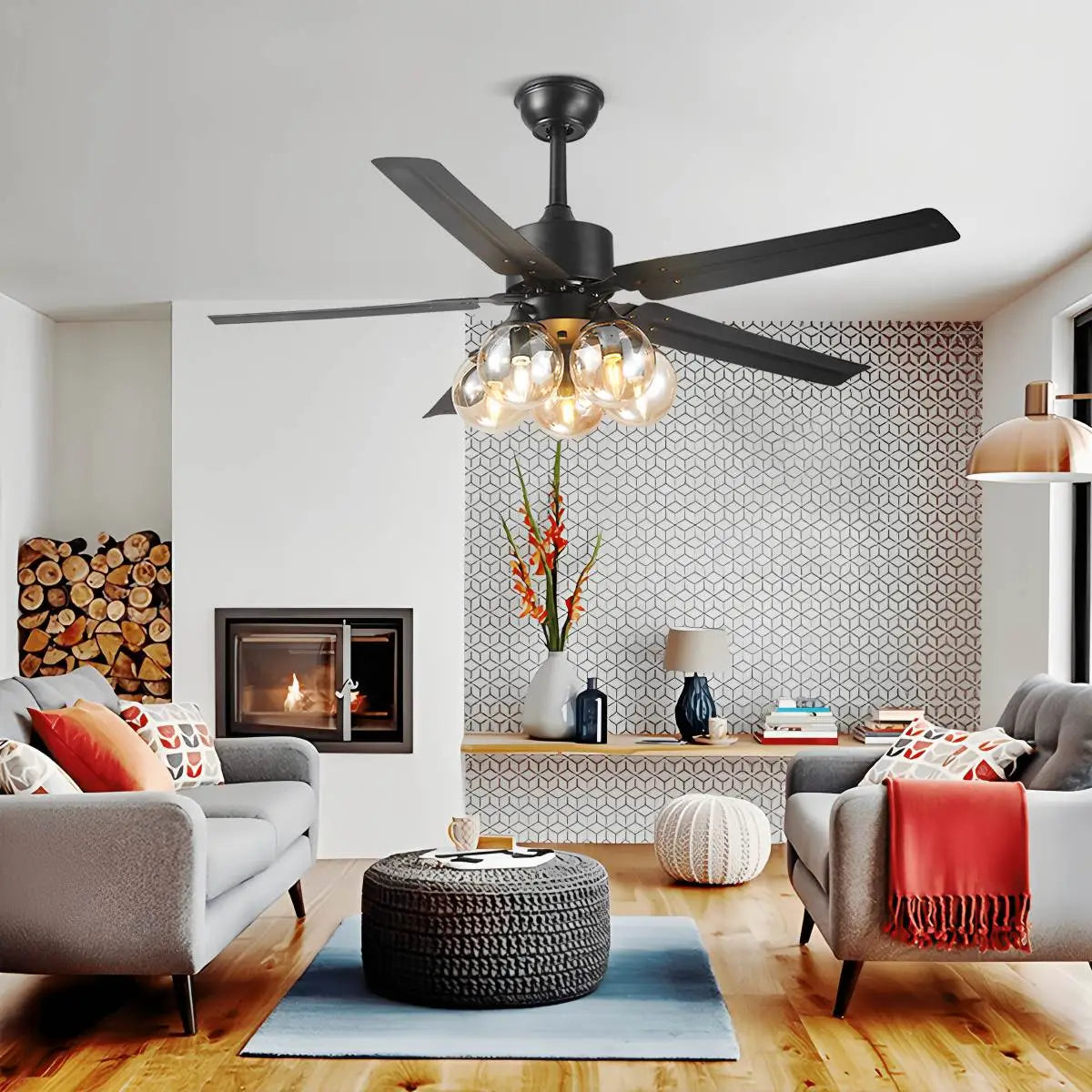 Feyran American Retro Glass Globe Ceiling Fan Light