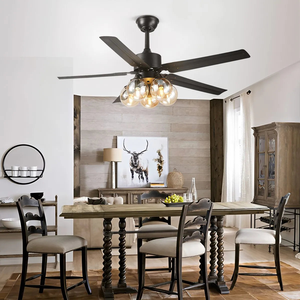 Feyran American Retro Glass Globe Ceiling Fan Light