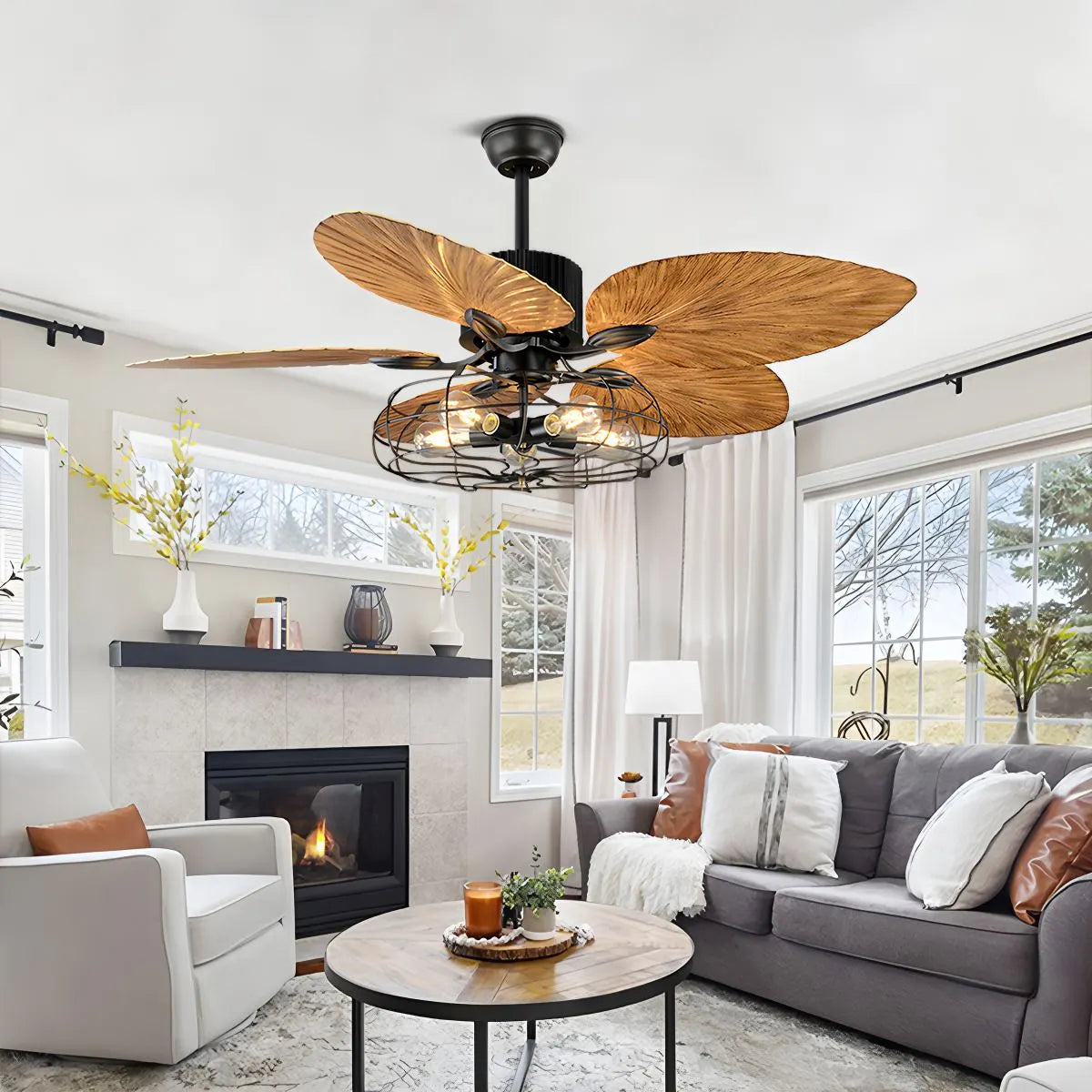 Feyran Industrial Tropical Palm Leaves Ceiling Fan Light