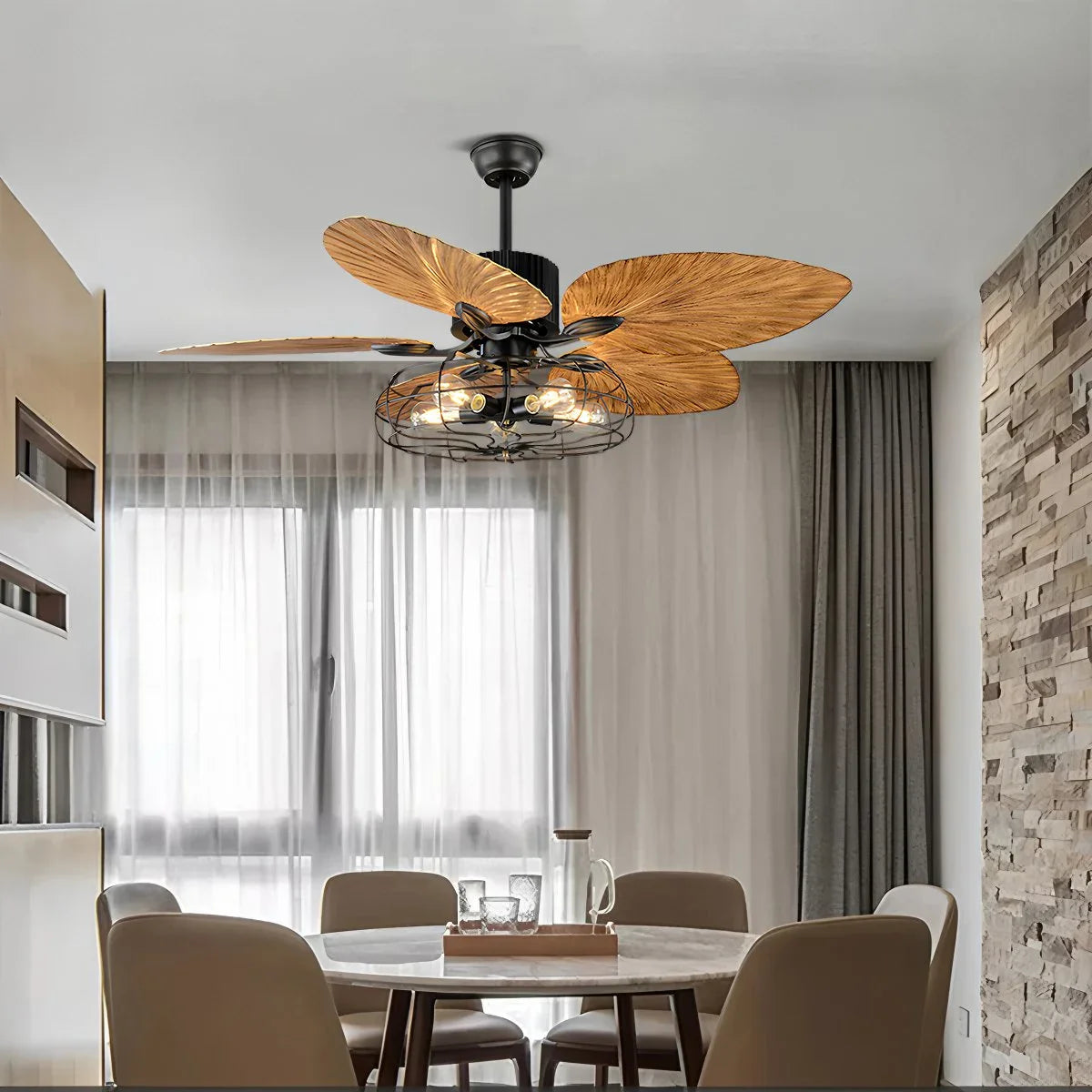 Feyran Industrial Tropical Palm Leaves Ceiling Fan Light