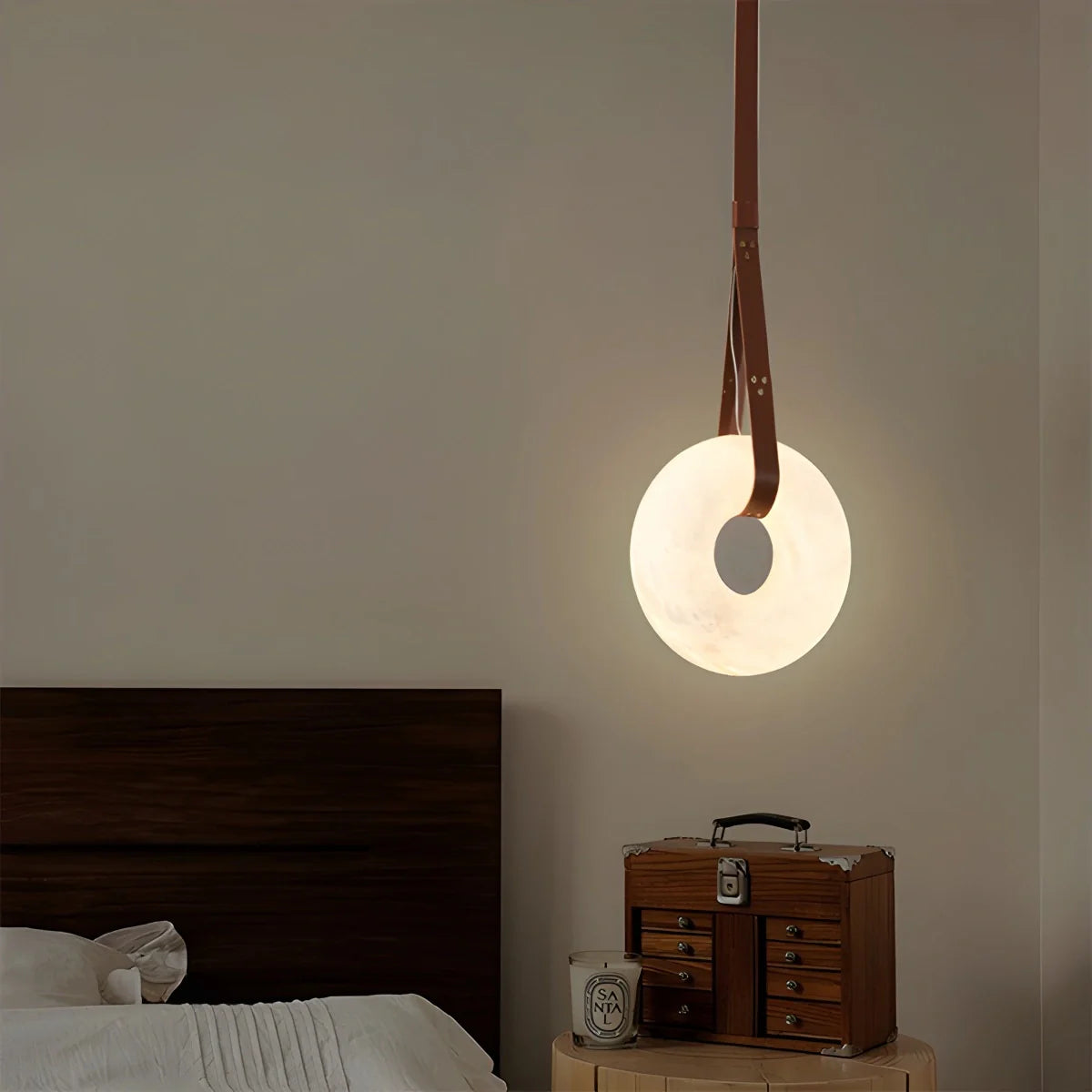 Feyran Round Spanish Alabaster Pendant Light Leather Hanging Wire