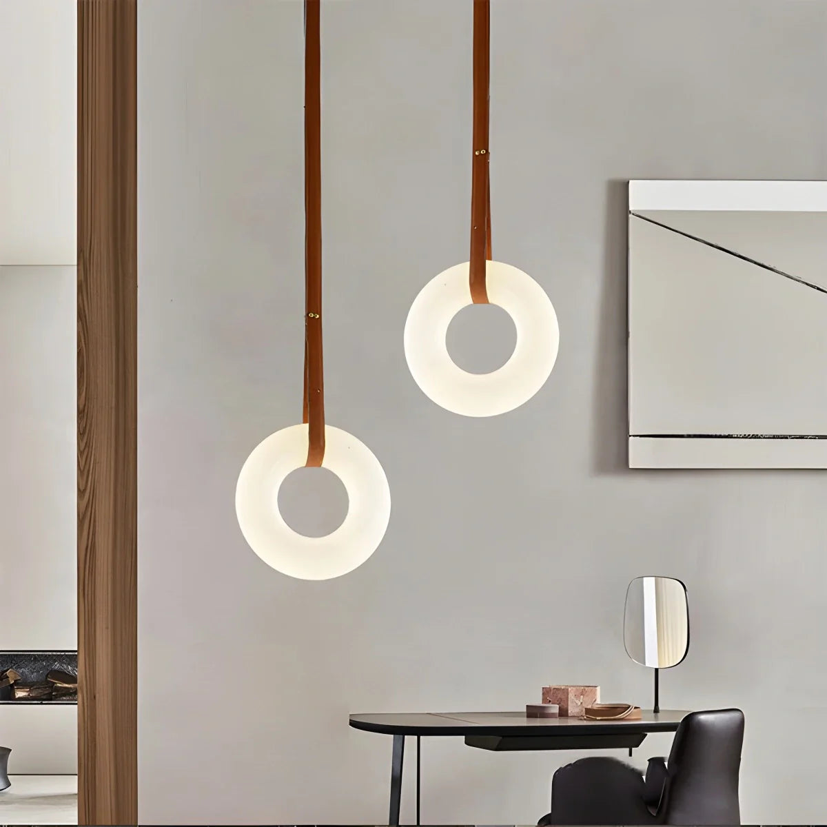 Feyran Round Spanish Alabaster Pendant Light Leather Hanging Wire