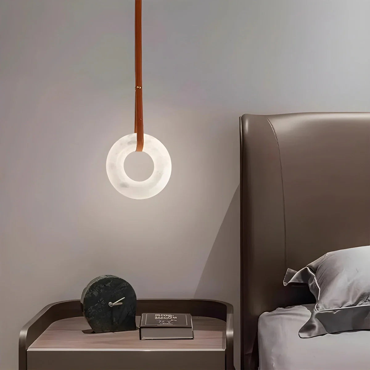 Feyran Round Spanish Alabaster Pendant Light Leather Hanging Wire