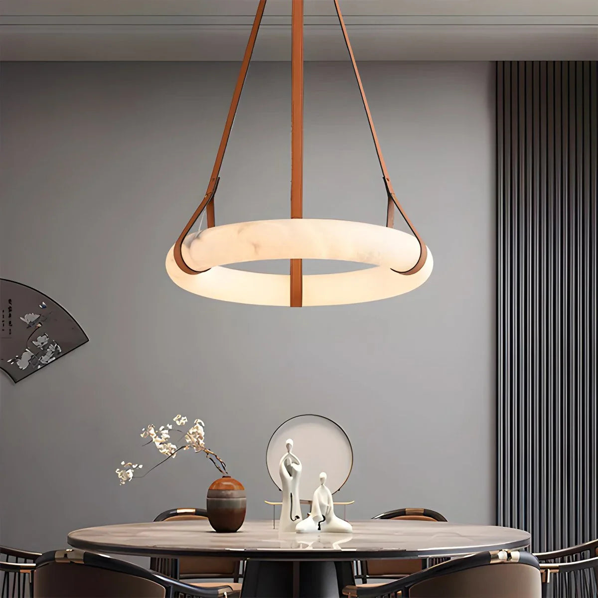 Feyran Round Spanish Alabaster Pendant Light Leather Hanging Wire