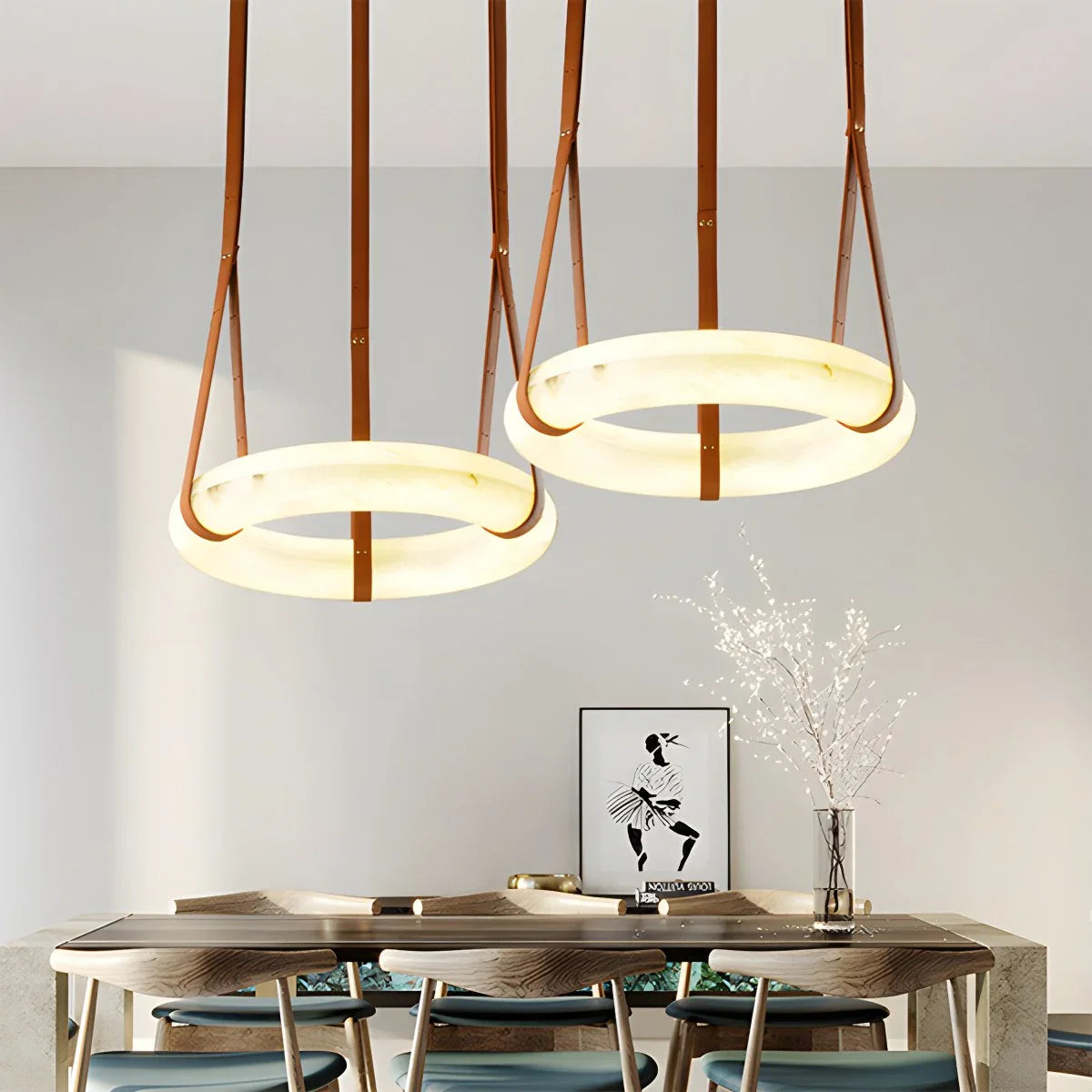 Feyran Round Spanish Alabaster Pendant Light Leather Hanging Wire
