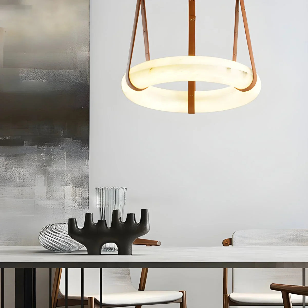Feyran Round Spanish Alabaster Pendant Light Leather Hanging Wire