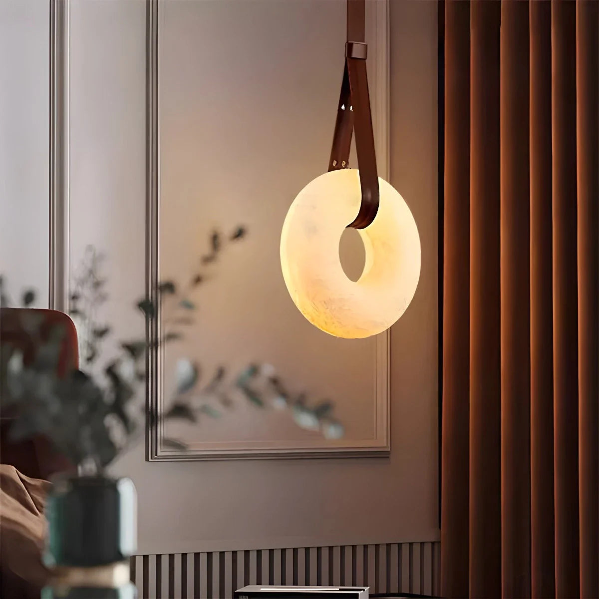 Feyran Round Spanish Alabaster Pendant Light Leather Hanging Wire