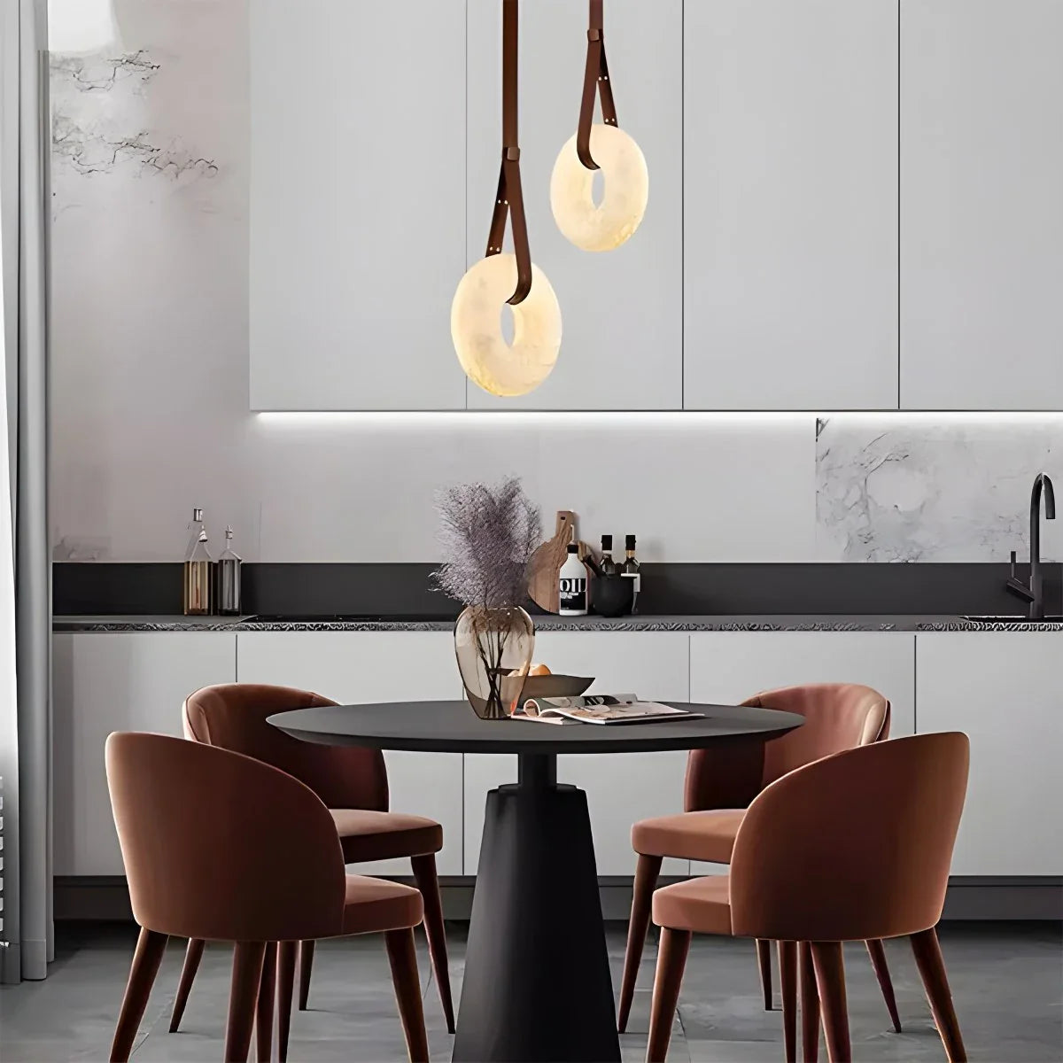 Feyran Round Spanish Alabaster Pendant Light Leather Hanging Wire