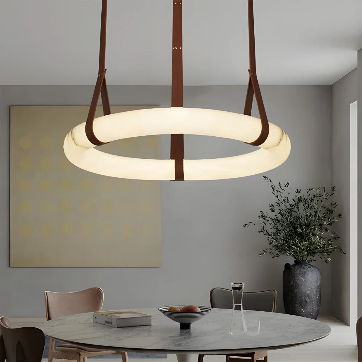 Feyran Round Spanish Alabaster Pendant Light Leather Hanging Wire