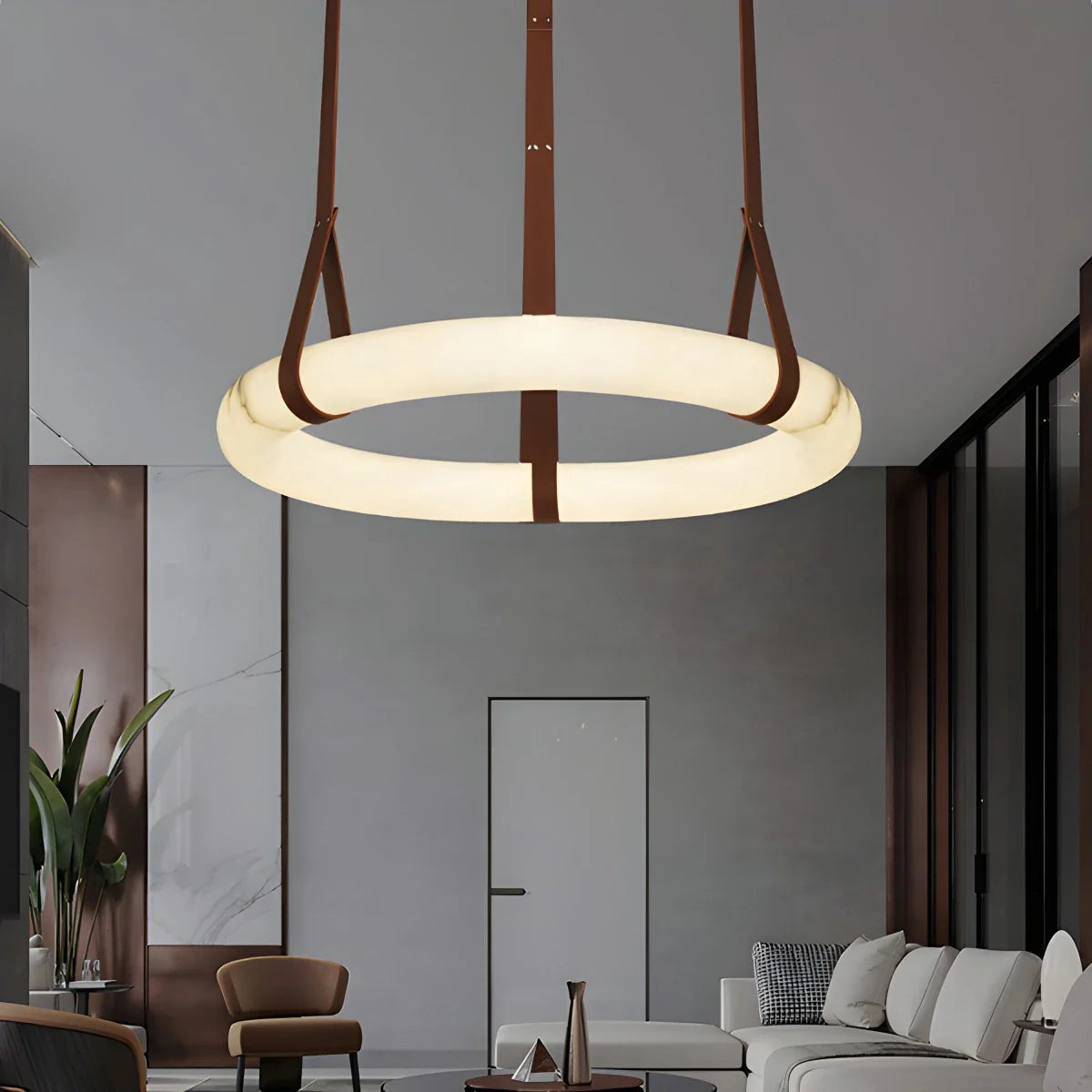 Feyran Round Spanish Alabaster Pendant Light Leather Hanging Wire