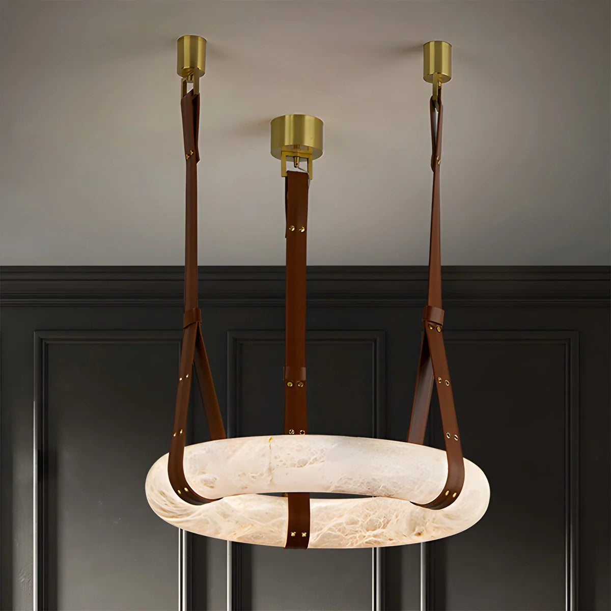 Feyran Round Spanish Alabaster Pendant Light Leather Hanging Wire