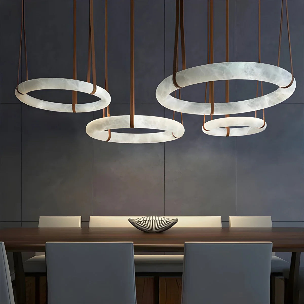 Feyran Round Spanish Alabaster Pendant Light Leather Hanging Wire