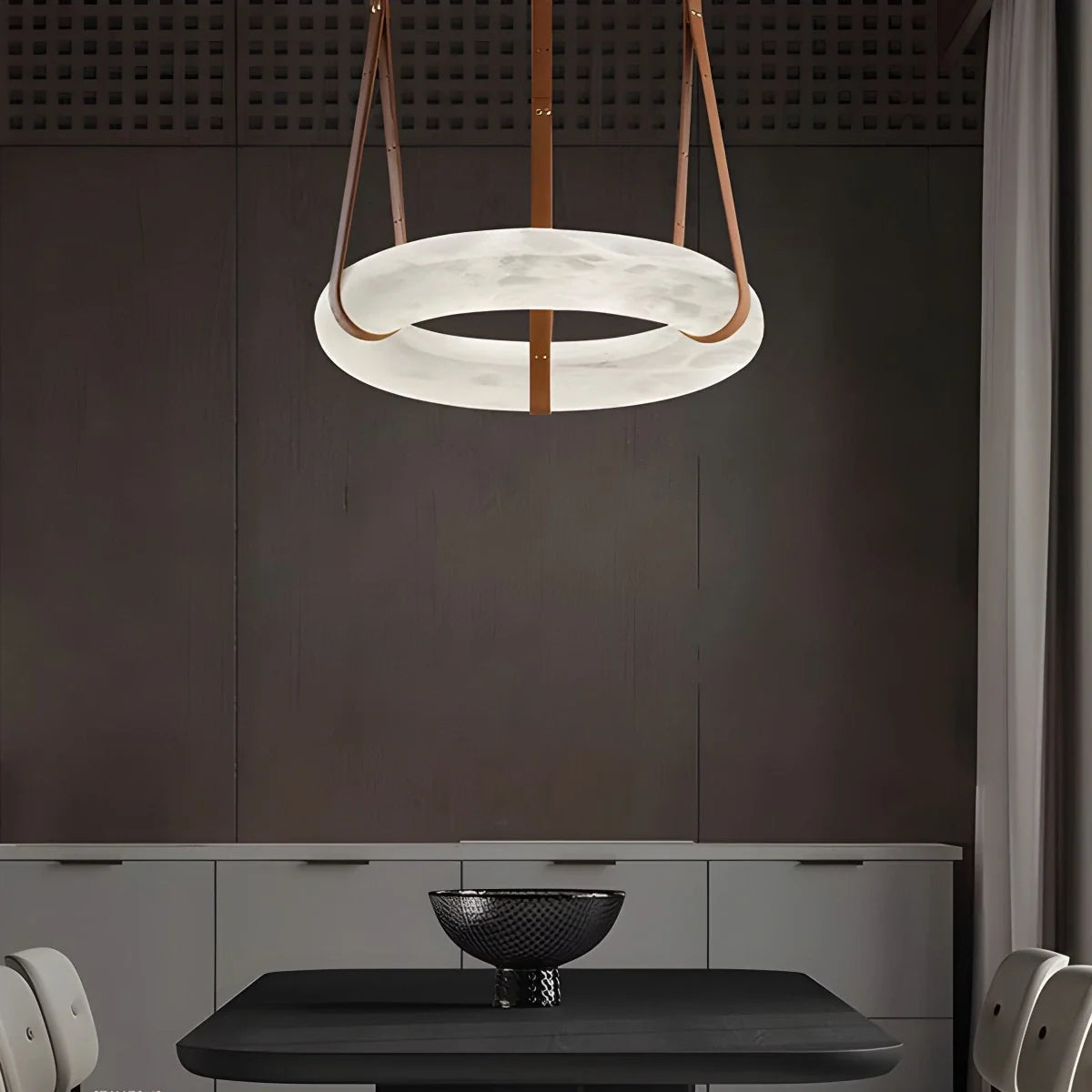 Feyran Round Spanish Alabaster Pendant Light Leather Hanging Wire