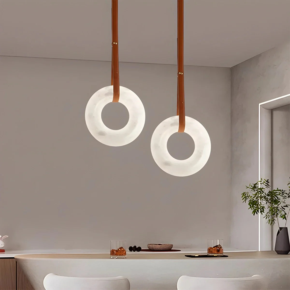 Feyran Round Spanish Alabaster Pendant Light Leather Hanging Wire