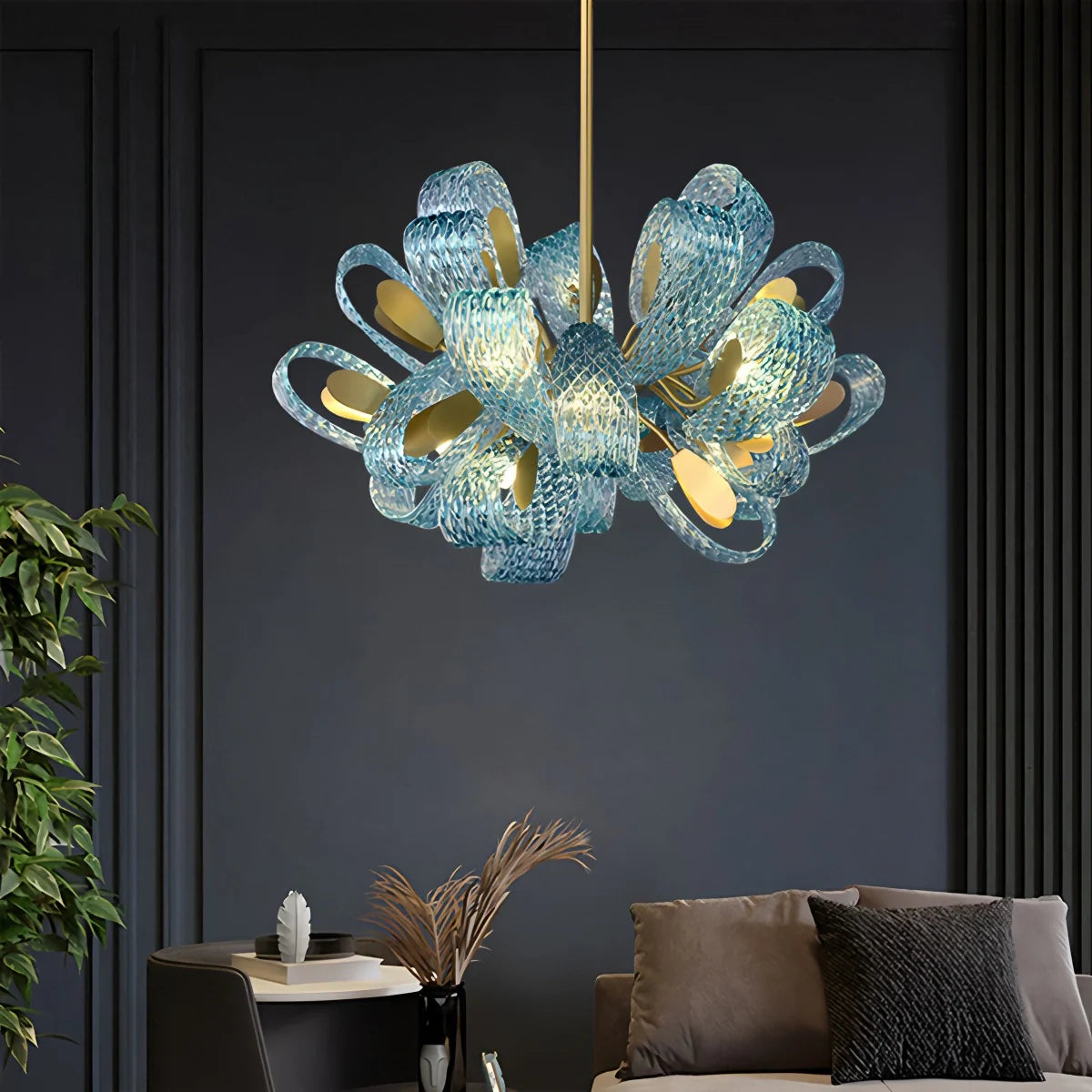 Feyran Peacock Blue Art Glass Chandelier for Dining Room