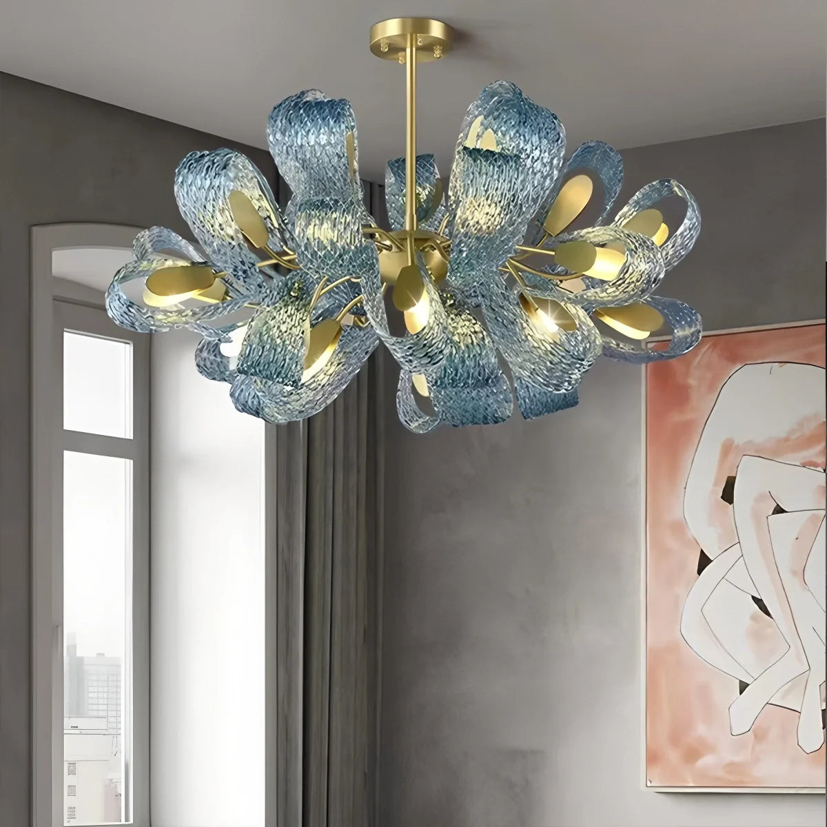 Feyran Peacock Blue Art Glass Chandelier for Dining Room