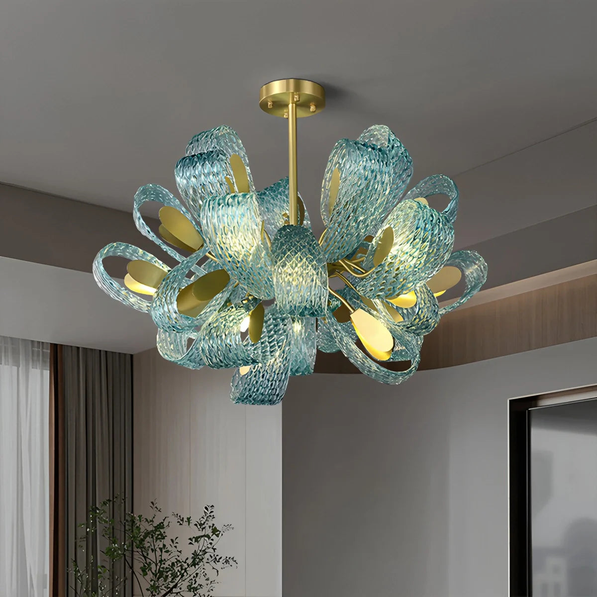 Feyran Peacock Blue Art Glass Chandelier for Dining Room