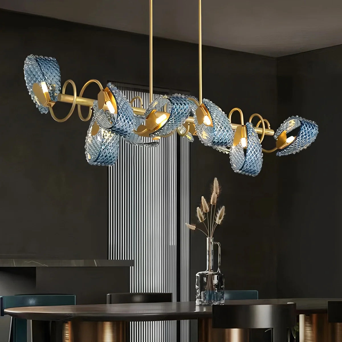 Feyran Peacock Blue Art Glass Chandelier for Dining Room