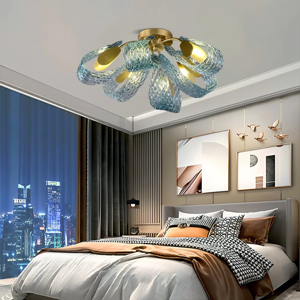 Feyran Peacock Blue Art Glass Chandelier for Dining Room