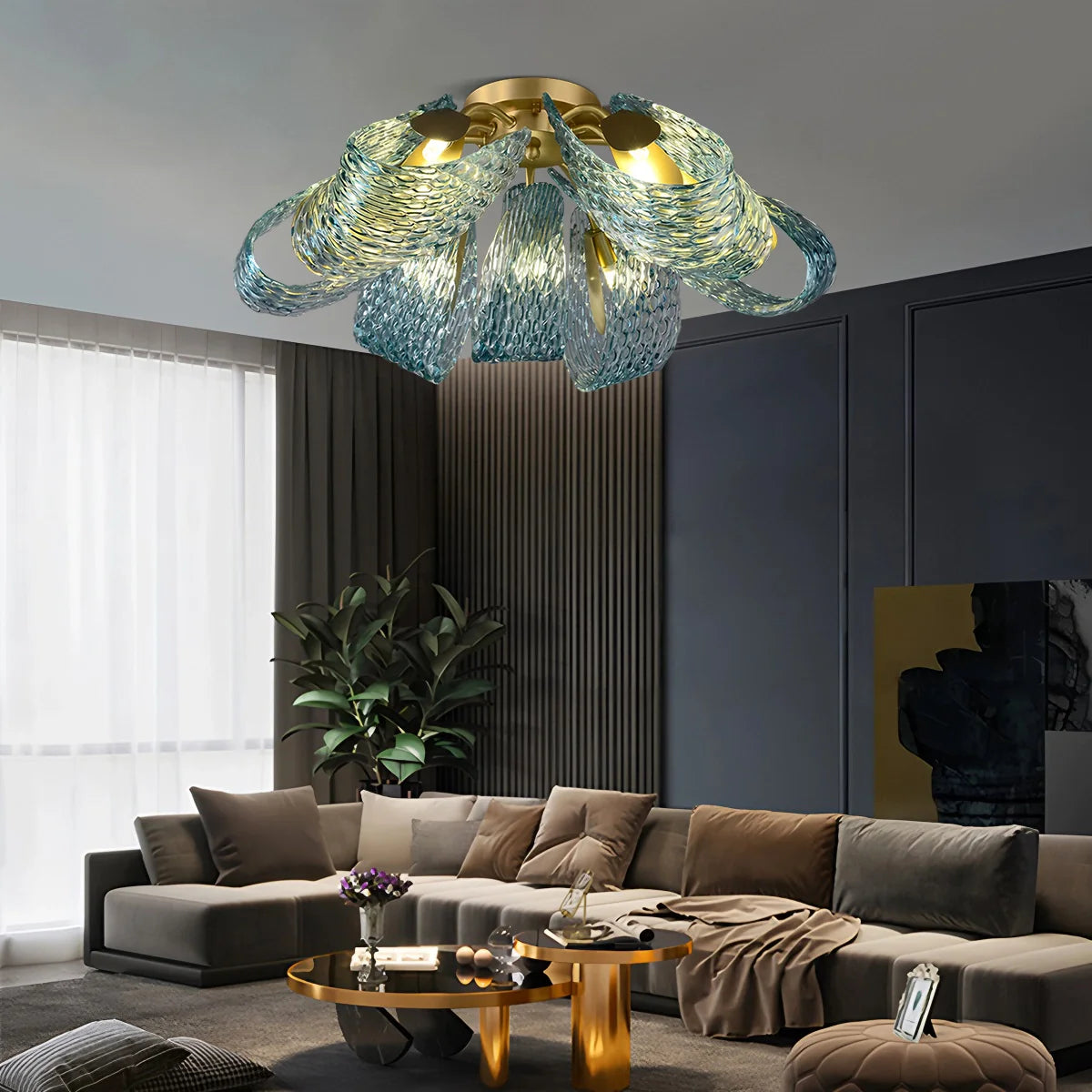 Feyran Peacock Blue Art Glass Chandelier for Dining Room